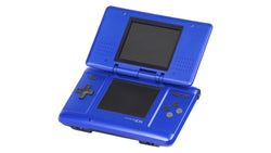 A blue Nintendo DS System by Nintendo is open, displaying dual screens: a blank top screen and a touchscreen at the bottom. Controls include a directional pad, A/B/X/Y buttons, power button, and speaker grills on top, ideal for dual-screen gaming.