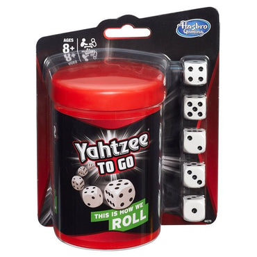 Hasbro Gaming's "Yahtzee To Go" includes a red-lidded container, five white dice with black dots, and "This is how we roll" text. It’s perfect for ages 8+ and features a striking black background with game graphics.