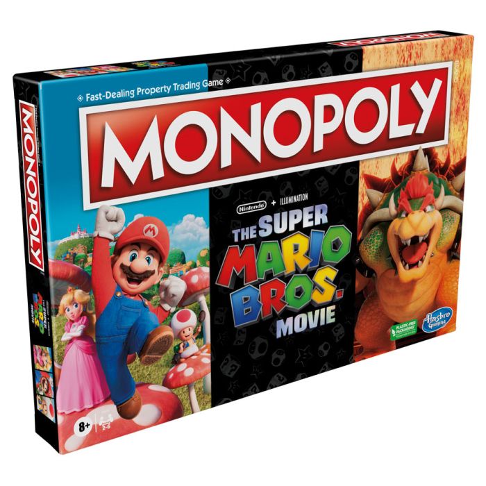 The Monopoly Super Mario Movie by Hasbro Gaming features vibrant images of Princess Peach, Mario, and Bowser set against a colorful background. The Monopoly logo is at the top, with the 