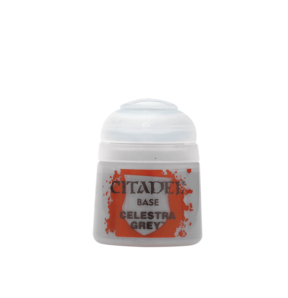 The Citadel Base - Celestra Grey is a small plastic pot ideal for miniature painting enthusiasts. It features an orange splash design, white push-top cap, and black text on a clear background, perfectly complementing your Citadel Base paints collection.