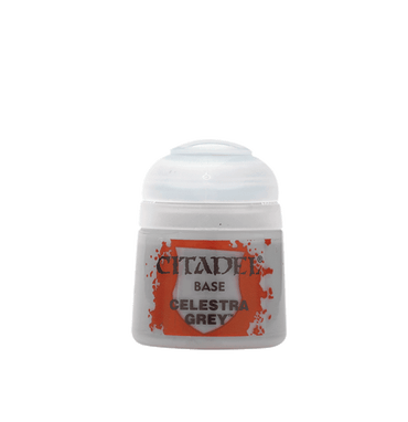 The Citadel Base - Celestra Grey is a small plastic pot ideal for miniature painting enthusiasts. It features an orange splash design, white push-top cap, and black text on a clear background, perfectly complementing your Citadel Base paints collection.