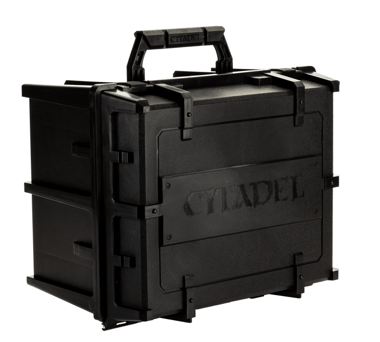 A black, heavy-duty Games Workshop CITADEL BATTLE FIGURE CASE labeled "CITADEL" in large, embossed letters on the front. The case features reinforced corners, secure latches, and a sturdy, foldable handle on the top. With robust design and channel foam interior, it's ideal for protecting your miniatures collection during transport.
