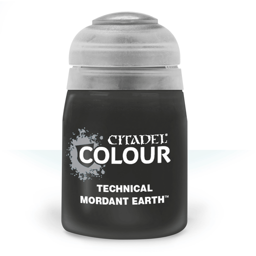Image of a small paint pot from Citadel. The container is cylindrical with a transparent bottom showing black contents labeled "Citadel Technical - Mordant Earth." The 24ml lid is gray with a flip-top design. Ideal for cracked-earth bases, the formula is water-based. The Citadel logo is prominently displayed in white text with a splash design.