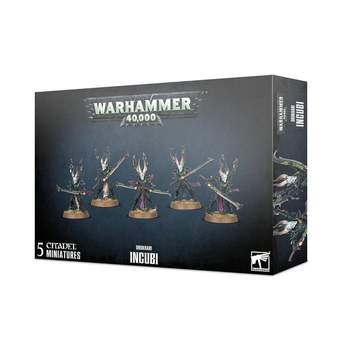 Box cover of the Games Workshop DRUKHARI INCUBI set featuring five detailed miniatures. These elite warriors are armed with elaborate armor and weapons, posed dynamically. Text on the box includes "Warhammer 40,000," "Citadel Miniatures," and "DRUKHARI INCUBI.