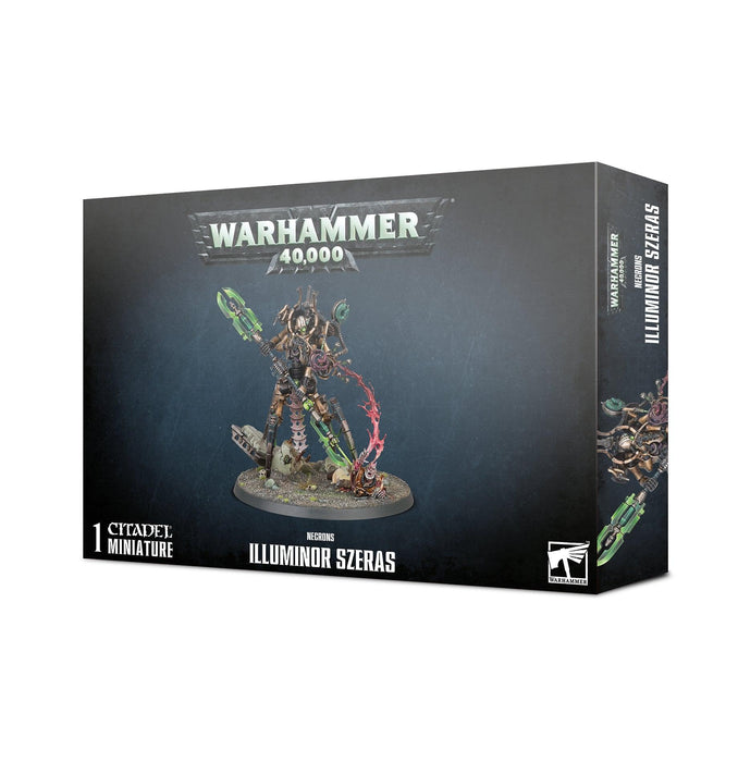 A box of NECRONS: ILLUMINOR SZERAS miniatures by Games Workshop, showcasing his battlefield potency. The front displays the assembled and painted model of Illuminor Szeras, a skeletal figure with green and red glowing elements, holding a large staff. The dark background highlights the Necron's intricate details.