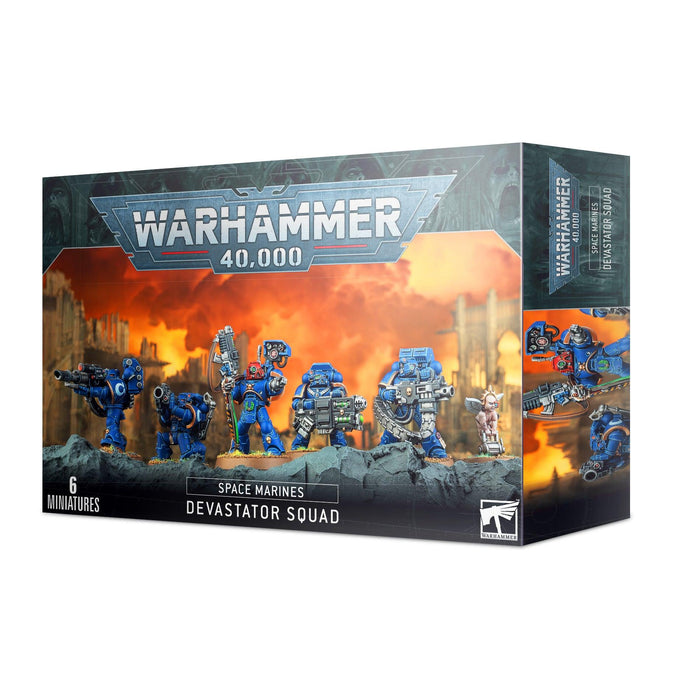 Box of Games Workshop SPACE MARINES: DEVASTATOR SQUAD miniatures. The box art features five blue-armored figures wielding heavy weapons and brutal firepower, set against a fiery, battle-themed backdrop. It contains six miniatures in total and prominently displays the Warhammer 40,000 logo at the top.