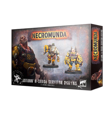 The box art for Games Workshop's JOTUNN H-GRADE SERVITOR OGRYNS features two painted miniatures of large humanoid creatures with mechanical parts and yellow armor, set against a dark underhive mural. Logos are displayed in the lower corners.