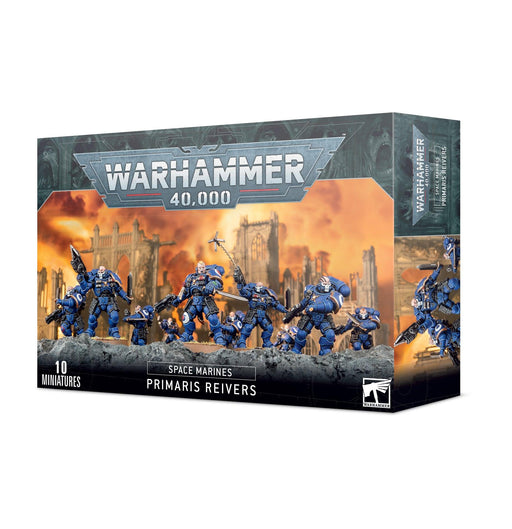 A SPACE MARINES: PRIMARIS REIVERS box set from Games Workshop. The box art depicts ten blue-armored Space Marines in dynamic poses, clad in Mk X power armor, set against a dramatic, fiery battleground backdrop. The front of the box displays the Warhammer 40,000 logo and the text "10 Miniatures".