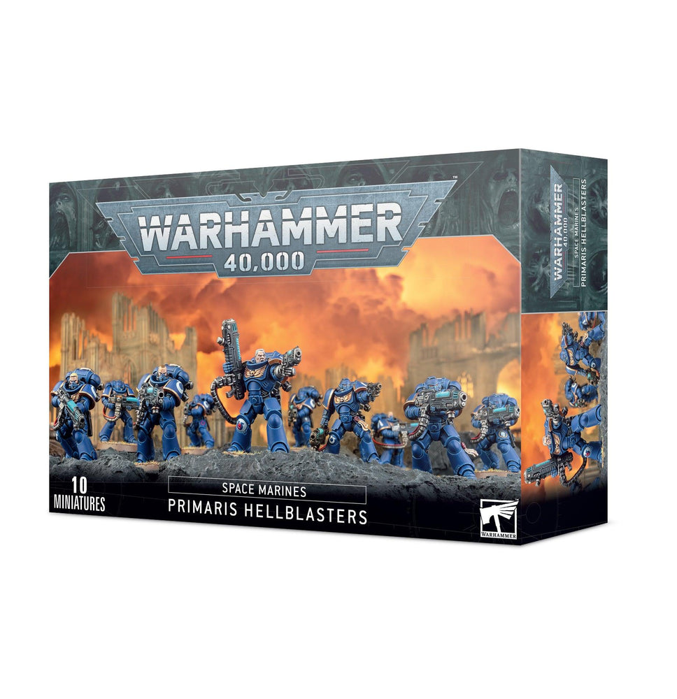 A box of "SPACE MARINES: PRIMARIS HELLBLASTERS" by Games Workshop, featuring a Hellblaster Squad of Primaris Hellblasters. The front of the box shows ten detailed, blue-armored figures with plasma weapons, posed dynamically in a battle scene with a fiery background. The box prominently displays the Warhammer 40,000 logo.