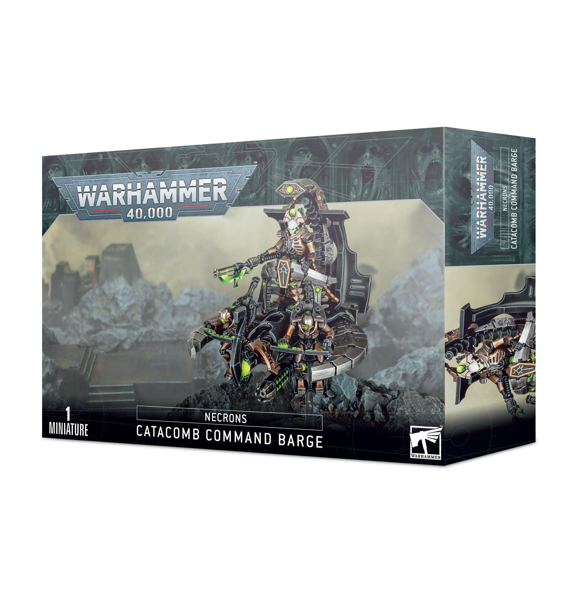 Introducing the NECRONS: CATACOMB COMMAND BARGE model kit by Games Workshop. The front of the box showcases an intricate illustration of the assembled Catacomb Command Barge, featuring a skeletal robotic figure at its helm in a rocky, mist-shrouded environment. It includes text indicating 