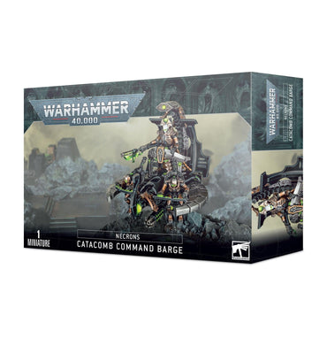 Introducing the NECRONS: CATACOMB COMMAND BARGE model kit by Games Workshop. The front of the box showcases an intricate illustration of the assembled Catacomb Command Barge, featuring a skeletal robotic figure at its helm in a rocky, mist-shrouded environment. It includes text indicating "1 Miniature" alongside the iconic Warhammer 40,000 logo—an essential addition to any Necron collection.