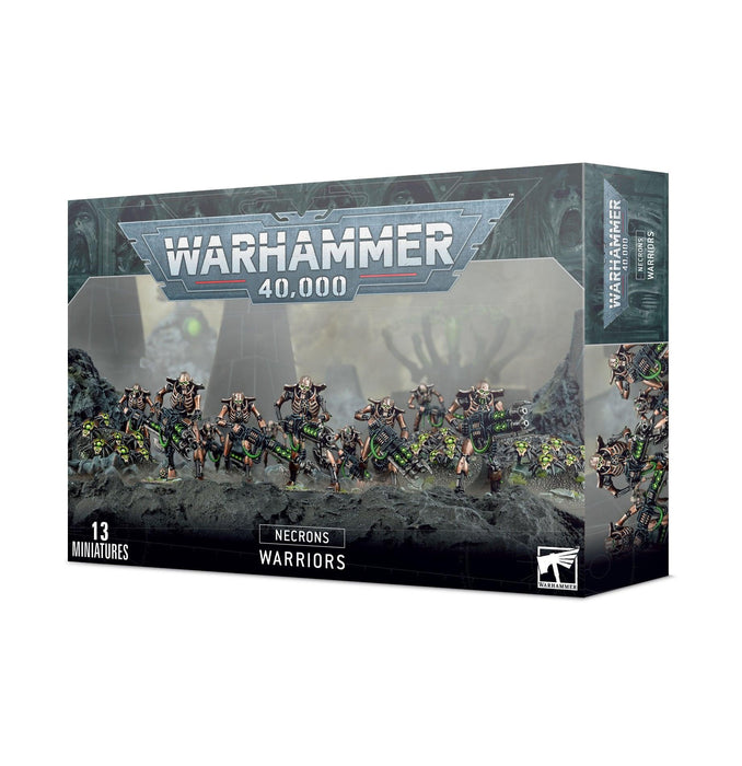 Box art of "Games Workshop's NECRONS: WARRIORS" showing 13 detailed miniature figures, along with menacing Canoptek Scarab Swarms. The box features a dark, sci-fi theme with warriors wielding futuristic weapons. A prominent "Warhammer 40,000" logo is at the top, and the "NECRONS: WARRIORS" label is near the bottom.