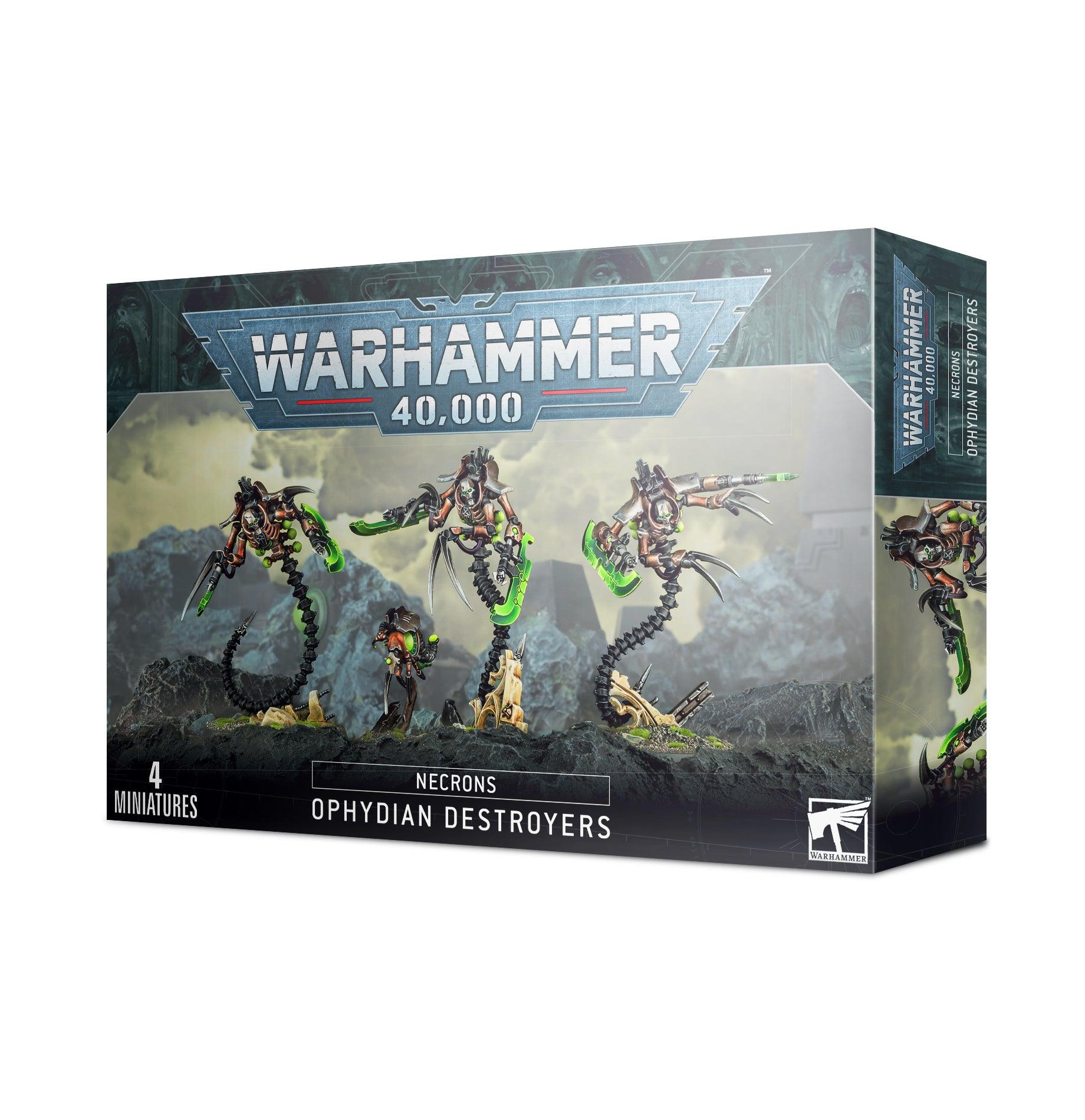 Box of **NECRONS: OPHYDIAN DESTROYERS** by **Games Workshop**. The front showcases four miniature figures of mechanical, snake-like creatures armed with hyperphase weapons and a Plasmacyte against a sci-fi background. The text on the box reads 