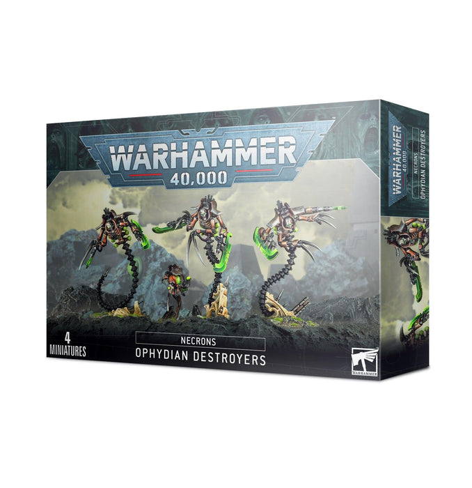 Box of **NECRONS: OPHYDIAN DESTROYERS** by **Games Workshop**. The front showcases four miniature figures of mechanical, snake-like creatures armed with hyperphase weapons and a Plasmacyte against a sci-fi background. The text on the box reads "Warhammer 40,000" at the top and "Necrons Ophydian Destroyers" at the bottom.