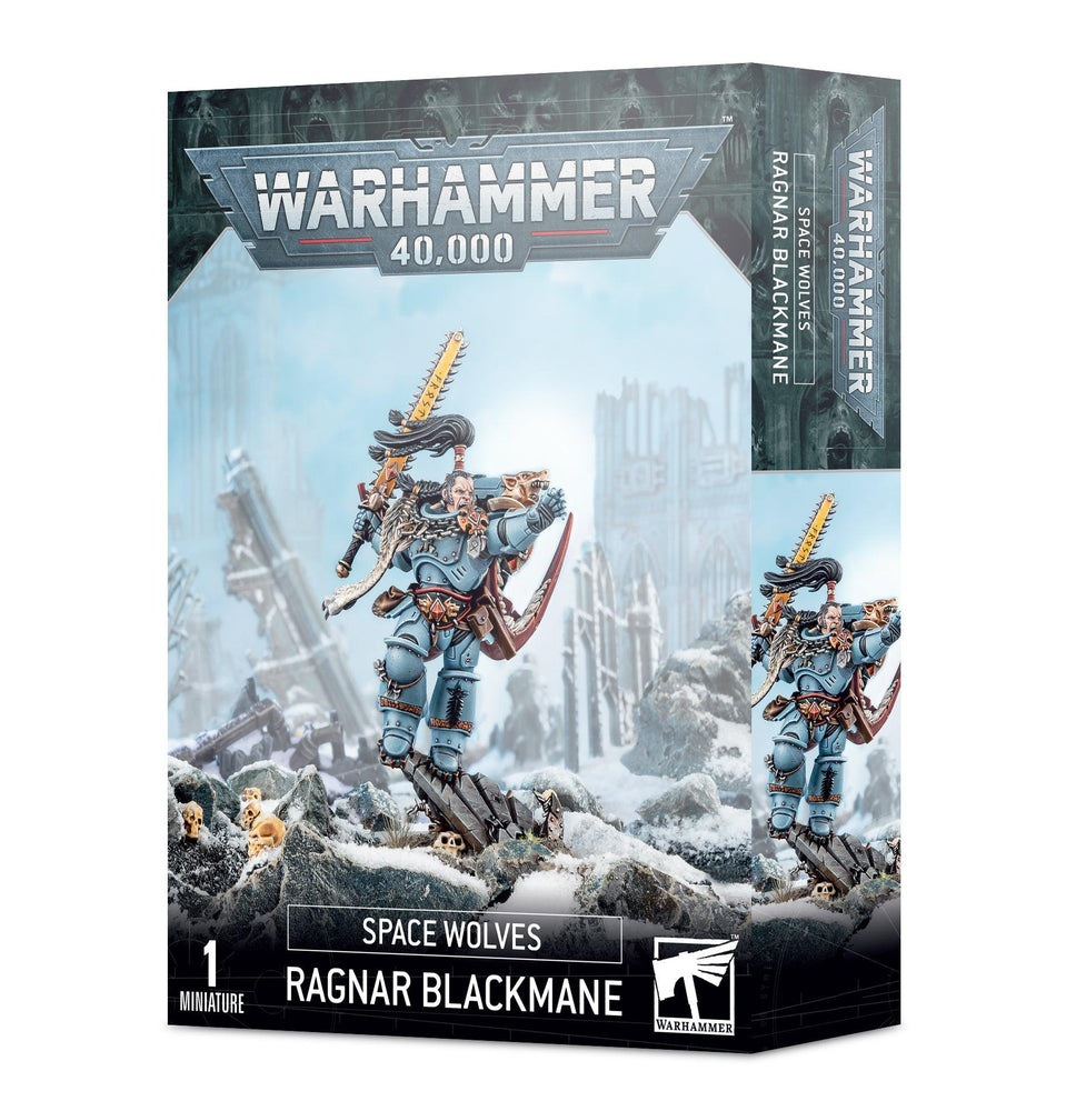 Games Workshop's SPACE WOLVES: RAGNAR BLACKMANE features a detailed miniature of Wolf Lord Ragnar Blackmane. He's in blue armor with gold details and a wolf pelt cloak, standing on a Citadel 40mm Round Base with a chainsword, set against an icy landscape. Brand logos included.