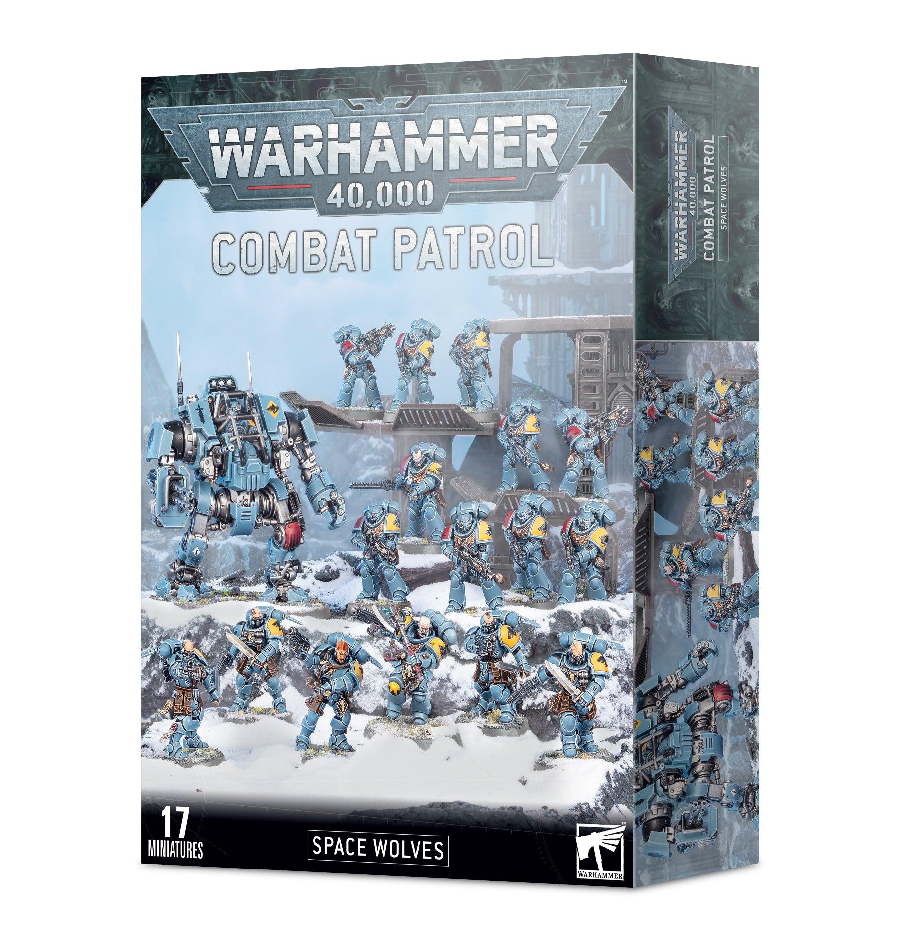 Box of COMBAT PATROL: SPACE WOLVES by Games Workshop, featuring members of the storied Space Marine Chapter founded by Leman Russ. The front shows painted miniatures, including 17 figures such as infantry and a Dreadnought, in snowy terrain. 