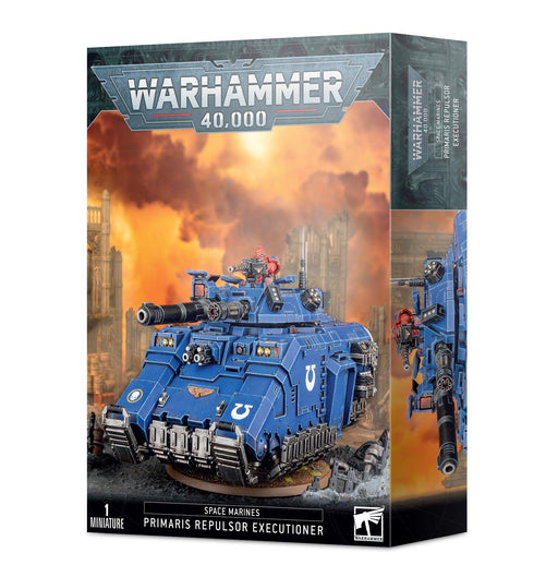 A Games Workshop product box featuring the SPACE MARINES: PRIMARIS REPULSOR EXECUTIONER. The box art displays a detailed blue armored battle tank with various weapons, set against a war-torn cityscape with explosions. The bottom text reads “1 Miniature” and “Primaris Repulsor Executioner.”