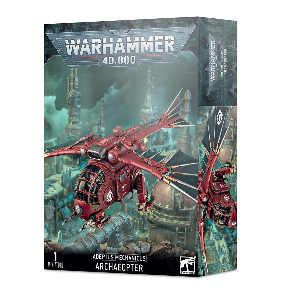 Box of the Games Workshop Adeptus Mechanicus: Archaeopter miniature featuring a Stratoraptor, a red mechanical aircraft, soaring over an industrial cityscape. The Warhammer 40,000 logo and detailed model artwork are prominently displayed on the cover.