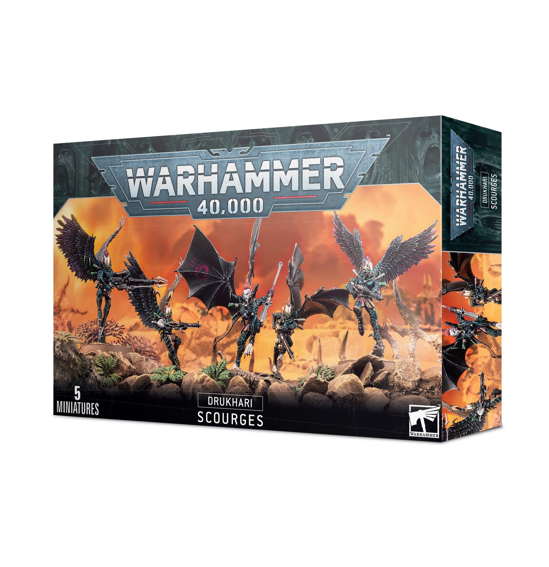 The Games Workshop DRUKHARI: SCOURGES multi-part plastic set features five detailed miniatures with wings and weapon upgrades, striking dynamic poses against a fiery battlefield, with the iconic Warhammer 40,000 logo displayed at the top.