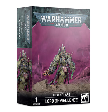 The Warhammer 40,000 DEATH GUARD: LORD OF VIRULENCE box by Games Workshop features artwork of a heavily armored figure with a plague spewer in foggy, purplish terrain. The Warhammer 40,000 logo is prominently displayed at the top.