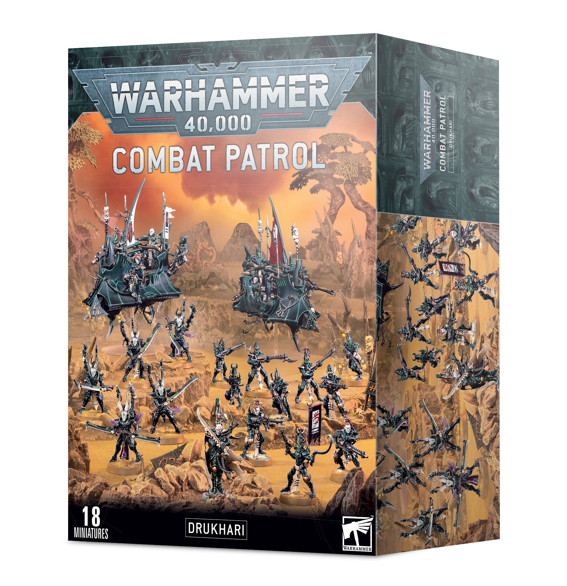 The image features the box art for Games Workshop's COMBAT PATROL: DRUKHARI set. The front depicts a battlefield scene with various miniature models, including warriors and vehicles, engaging in combat. The box highlights 