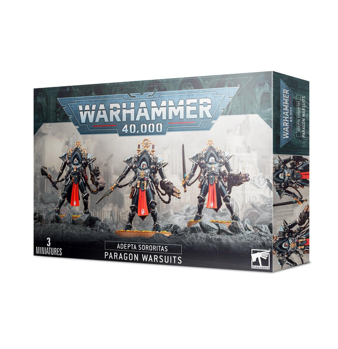 The image shows a box for ADEPTA SORORITAS: PARAGON WARSUITS from Games Workshop. The box art features three highly detailed Adepta Sororitas Paragon Warsuits. The miniatures are armored and armed, with one holding a large sword and the others wielding heavy weaponry. Text reads "3 miniatures" and "Paragon Warsuits.