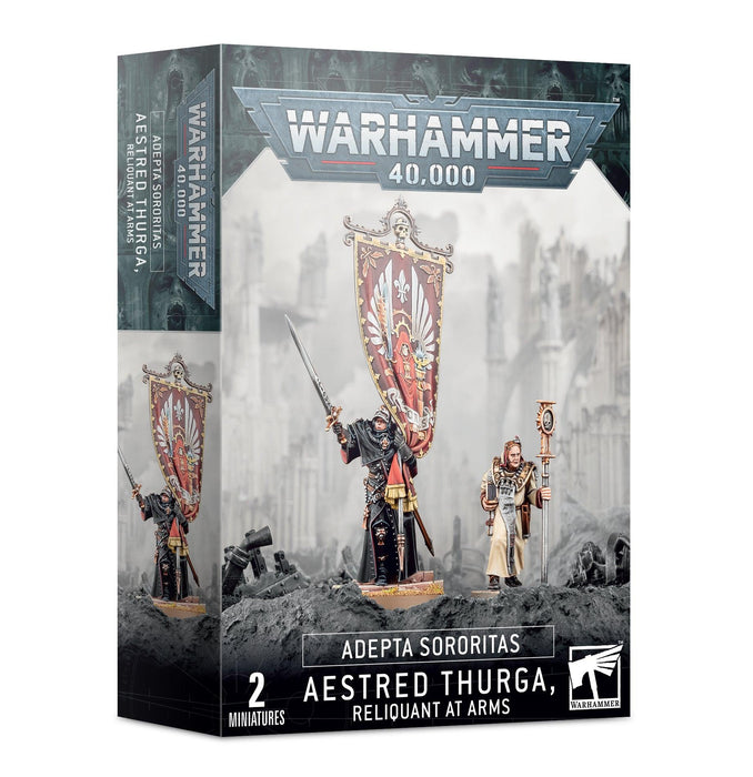 Box cover for a Games Workshop set featuring ADEPTA SORORITAS: AESTRED THURGA, RELINQUANT AT ARMS. The front shows two detailed Adepta Sororitas warriors - a standard bearer and a robed figure holding the Auto-Tapestry of the Emperor’s Judgement. The background depicts a war-torn landscape. Text indicates it includes two miniatures.