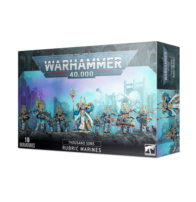 Image of a Games Workshop THOUSAND SONS: RUBRIC MARINES box set. The box features artwork of intricately designed miniature figures in ornate blue and gold armor, wielding Inferno boltguns. A banner displays "Warhammer 40,000" at the top, and "10 Miniatures" is noted in the lower left corner.