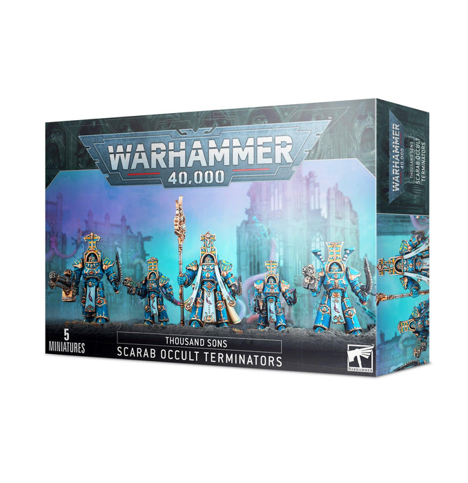 The image shows a box containing five "THOUSAND SONS: SCARAB OCCULT TERMINATORS" miniatures from the game Warhammer 40,000. This multi-part plastic kit features artwork of the miniatures in ornate, blue and gold armor, wielding Inferno combi-bolters against a sci-fi backdrop. The Games Workshop logo is prominently displayed at the top.