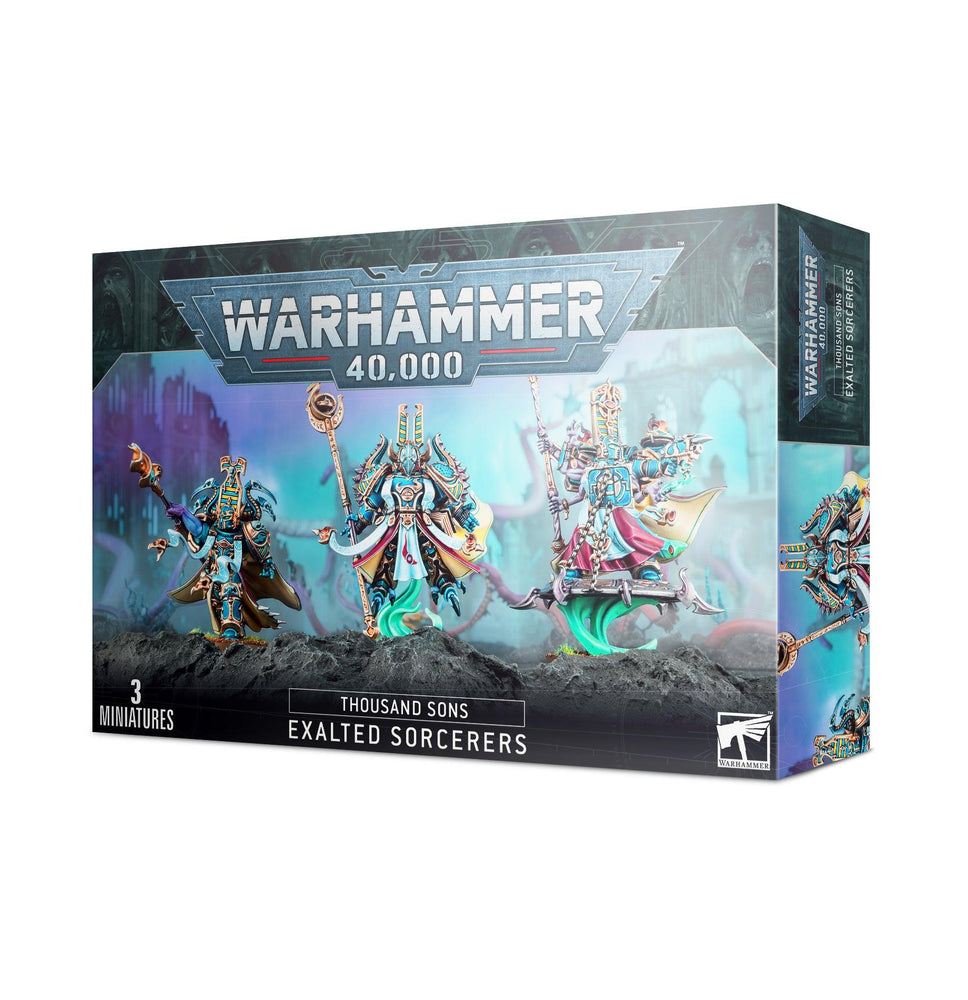 Box of THOUSAND SONS: EXALTED SORCERERS miniatures by Games Workshop. This multi-part plastic kit's front showcases three intricately painted sorcerer figures in dynamic poses, surrounded by magical barrages. The box features Warhammer 40,000 branding with a background of a futuristic, otherworldly setting.