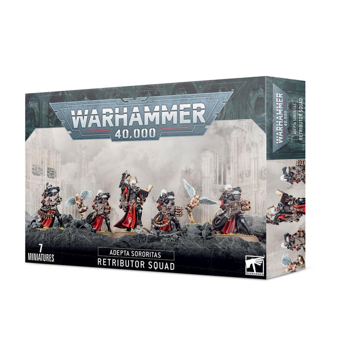 A box of Games Workshop ADEPTA SORORITAS: RETRIBUTOR SQUAD miniatures. The packaging shows seven intricately designed female warrior miniatures in action poses, wielding heavy bolters and other weapons. The background depicts gothic architecture, hinting at a dystopian setting geared for fire support.