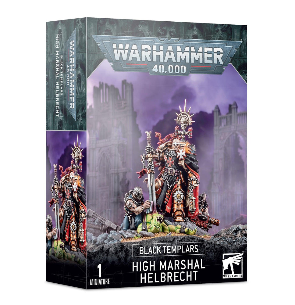 The image showcases a box of "Black Templars: High Marshal Helbrecht" by Games Workshop. High Marshal Helbrecht is depicted in ornate armor with the Sword of the High Marshals, set against a dramatic, war-torn landscape. Branding and product details are also visible.