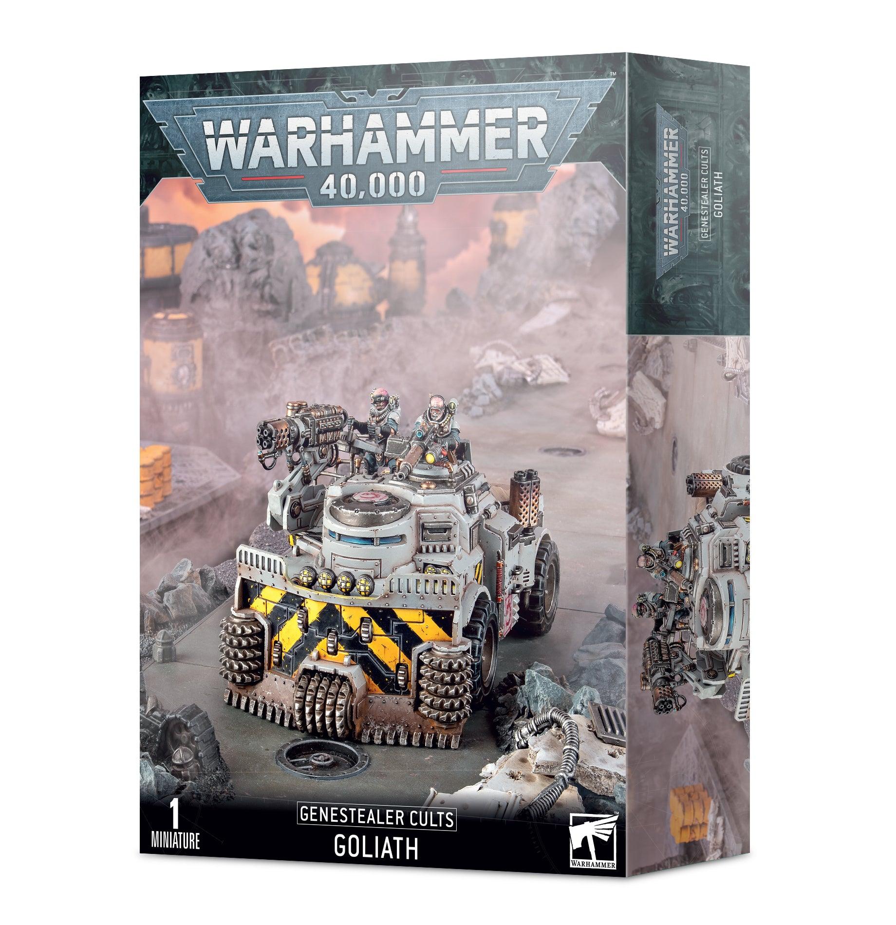 Box of a Warhammer 40,000 figure set. The box highlights an intricately painted Goliath Rockgrinder vehicle from the Genestealer Cults faction, surrounded by rocky terrain that evokes a mining site. The front showcases the 