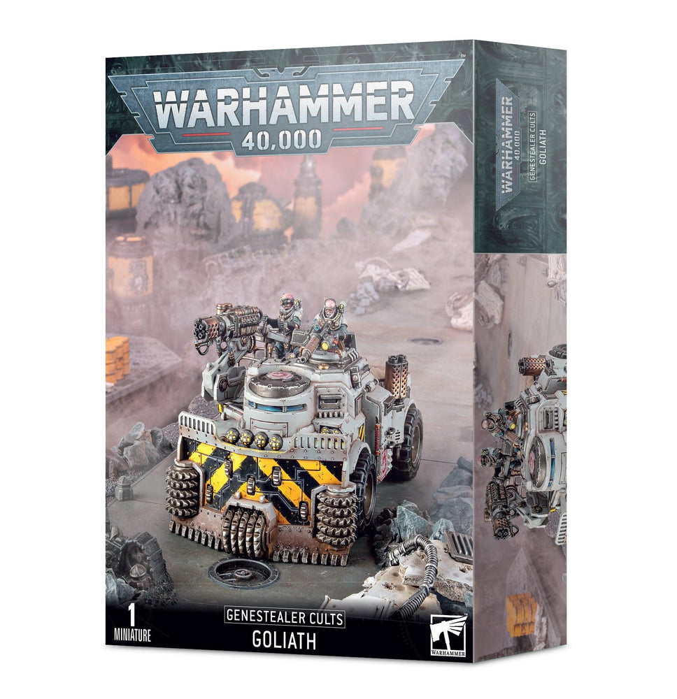 Box of a Warhammer 40,000 figure set. The box highlights an intricately painted Goliath Rockgrinder vehicle from the Genestealer Cults faction, surrounded by rocky terrain that evokes a mining site. The front showcases the "Warhammer 40,000" logo and "GENESTEALER CULTS: GOLIATH" text, with imagery of the included miniatures. This product is produced by Games Workshop.