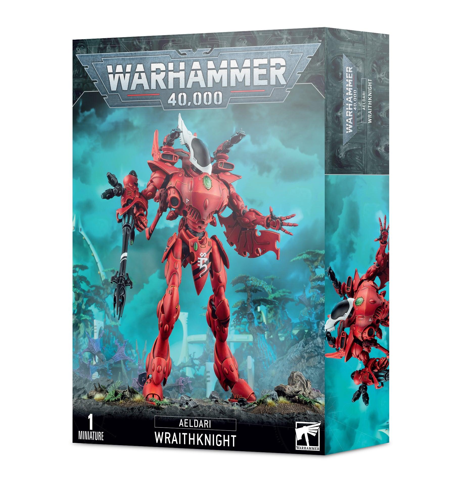 The Games Workshop AELDARI: WRAITHKNIGHT packaging displays the majestic model with arcane weapons in a misty, alien landscape. The Warhammer 40,000 logo is featured prominently at the top, with 