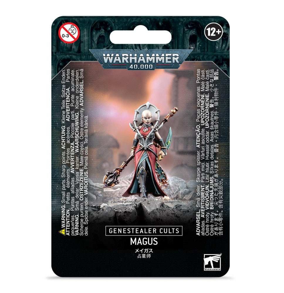 The GENESTEALER CULTS: MAGUS figurine by Games Workshop features a psychic figure with a staff and knife, dressed elaborately. The packaging includes warnings, showcases a dark background, and text in multiple languages. Suitable for ages 12+.