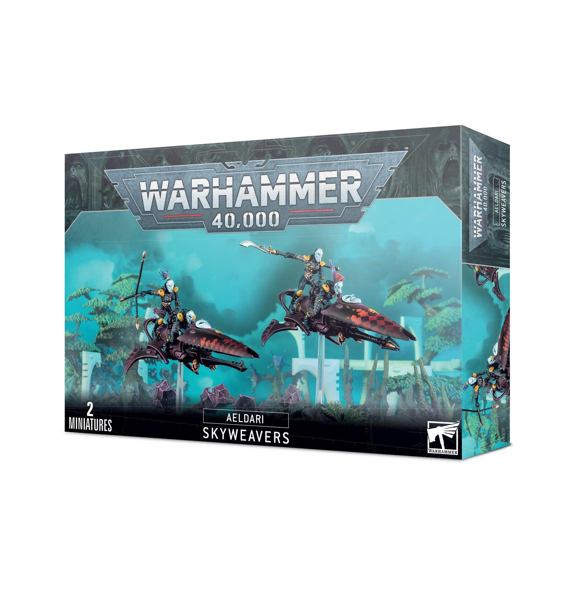 The AELDARI: SKYWEAVERS box cover by Games Workshop showcases two Harlequin jetbikes, each with a shuriken cannon, set in a sci-fi scene. The black and turquoise packaging includes the Warhammer 40,000 logo and notes 