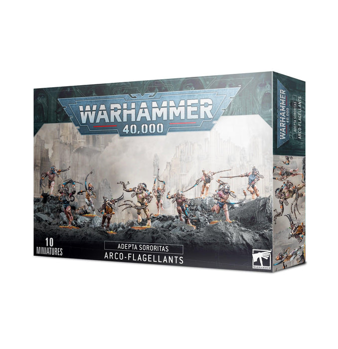 Box of Games Workshop's ADEPTA SORORITAS: ARCO-FLAGELLANTS miniatures. The front showcases cyber-implanted flails wielded by detailed miniature figures in a sci-fi, dystopian battle scene. The box includes 10 Arco-flagellants and Citadel 25mm Round Bases.