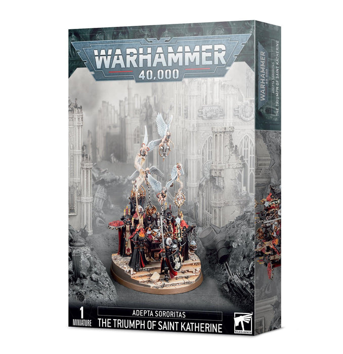 Games Workshop's ADEPTA SORORITAS: THE TRIUMPH OF SAINT KATHERINE box features the "The Triumph of Saint Katherine" Adepta Sororitas miniature. The cover showcases the detailed, assembled, and painted model in a dynamic pose, surrounded by gothic ruins. Emblazoned with Order of Our Martyred Lady insignias, the branding and game logo adorn the top of the box.