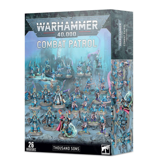 The image shows a box of Games Workshop THOUSAND SONS: COMBAT PATROL miniatures. The box art features 26 assembled and painted figures, including an Infernal Master, in various combat poses. Set against a sci-fi battlefield with blue and purple hues, the brand and product information is prominently displayed.