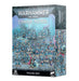The image shows a box of Games Workshop THOUSAND SONS: COMBAT PATROL miniatures. The box art features 26 assembled and painted figures, including an Infernal Master, in various combat poses. Set against a sci-fi battlefield with blue and purple hues, the brand and product information is prominently displayed.