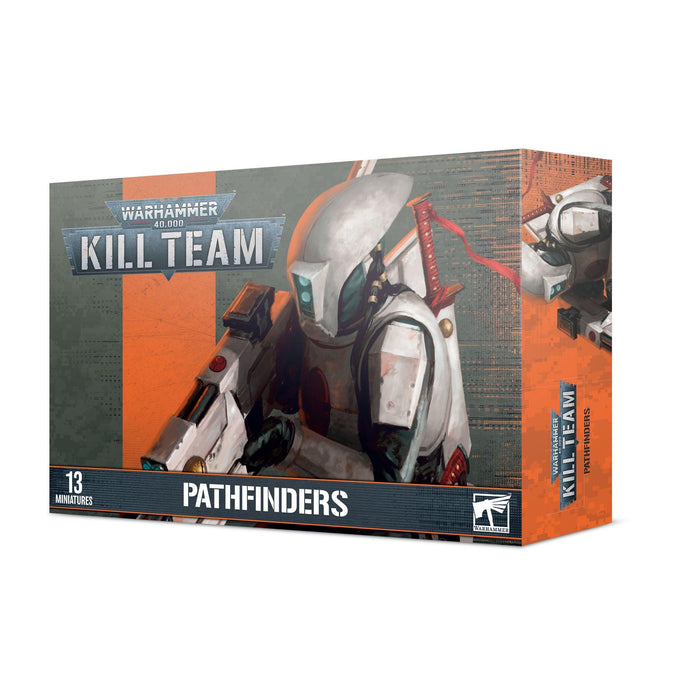 A box of KILL TEAM: T'AU EMPIRE PATHFINDERS miniatures from Games Workshop titled "Pathfinders." The front cover features an illustration of a soldier in futuristic white armor holding a large rail rifle. The box indicates that it contains 13 T'au Empire Pathfinder Teams miniatures. The background has a black and orange color scheme.