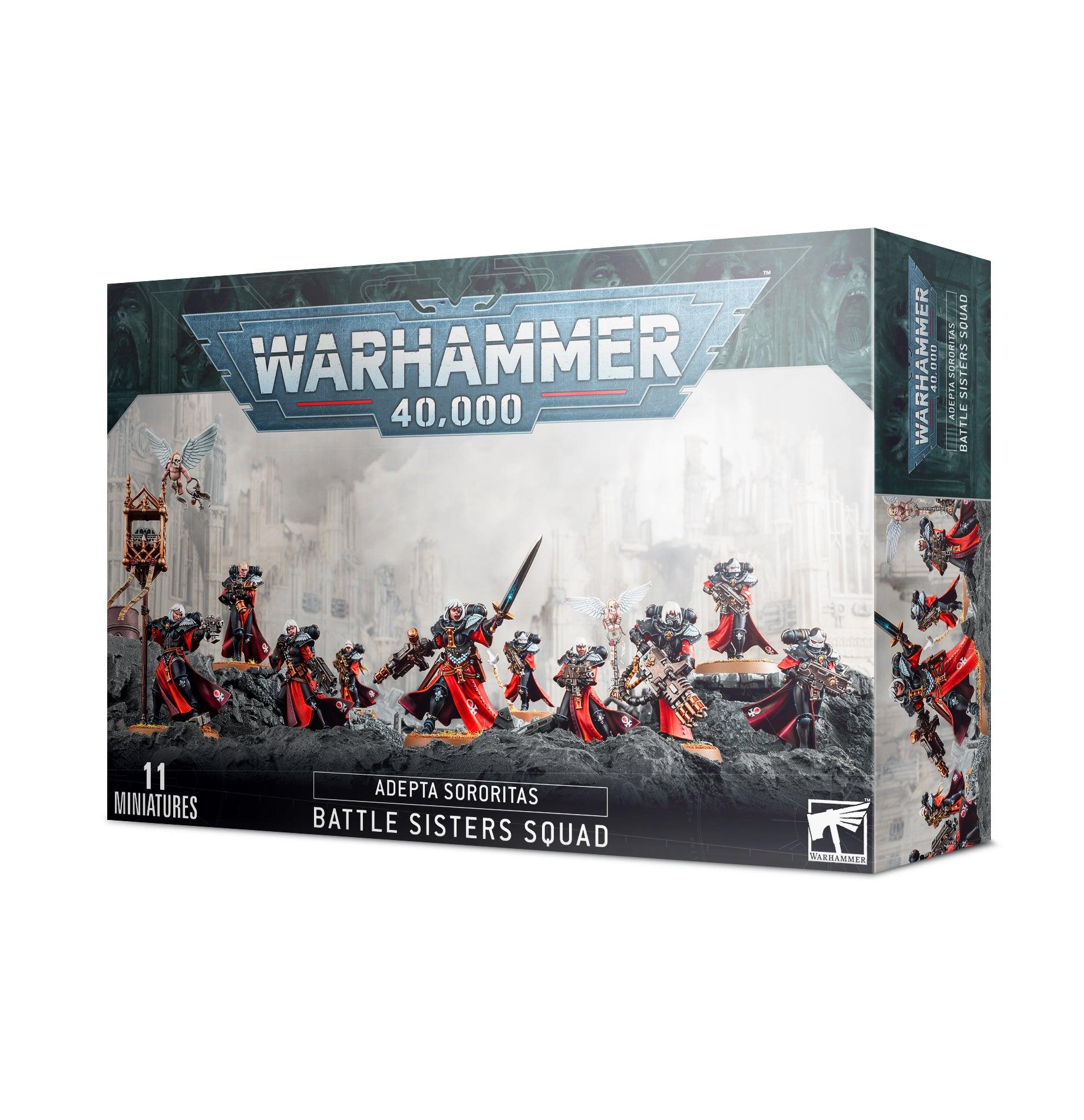 A box of ADEPTA SORORITAS: BATTLE SISTERS SQUAD miniatures by Games Workshop. The front of the box depicts eleven intricately painted warrior figures in elaborate armor, wielding various weapons like boltguns. The Games Workshop logo is prominently displayed at the top, with 