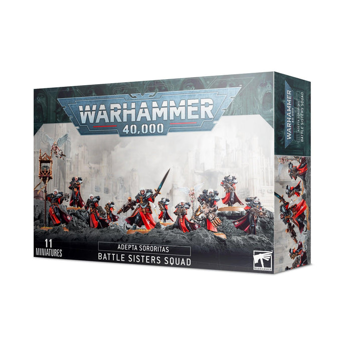A box of ADEPTA SORORITAS: BATTLE SISTERS SQUAD miniatures by Games Workshop. The front of the box depicts eleven intricately painted warrior figures in elaborate armor, wielding various weapons like boltguns. The Games Workshop logo is prominently displayed at the top, with "40,000" below. The box text reads "Adepta Sororitas Battle Sisters Squad.