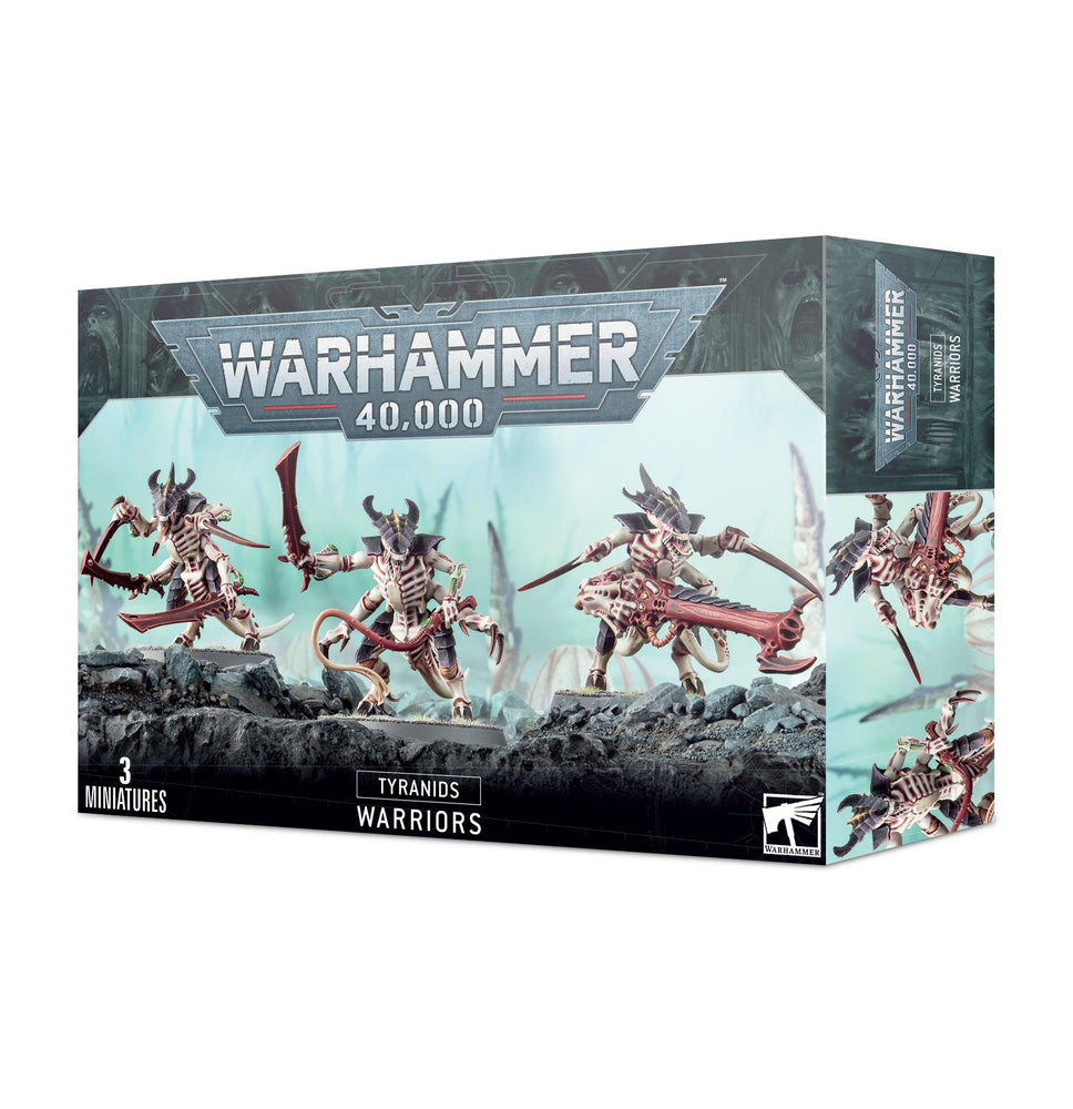 The image shows a Games Workshop box set for "TYRANIDS: WARRIORS." The box features an illustration of three alien-like miniatures wielding bio-weapon symbiotes on a rocky battlefield. The text states "3 Miniatures" at the bottom left and "TYRANIDS: WARRIORS" in the center below the illustration.