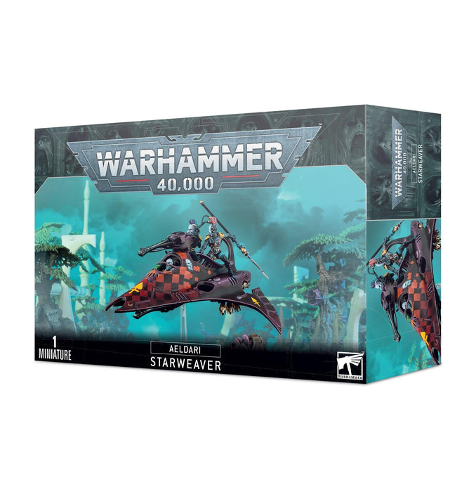 Box cover of a Games Workshop miniature set titled "AELDARI: STARWEAVER." The image shows a futuristic vehicle with a checkered pattern, piloted by a figure in dynamic action poses. In the background, a sci-fi landscape unfolds. Text on the box indicates it includes one Starweaver miniature from the Harlequin Troupe.
