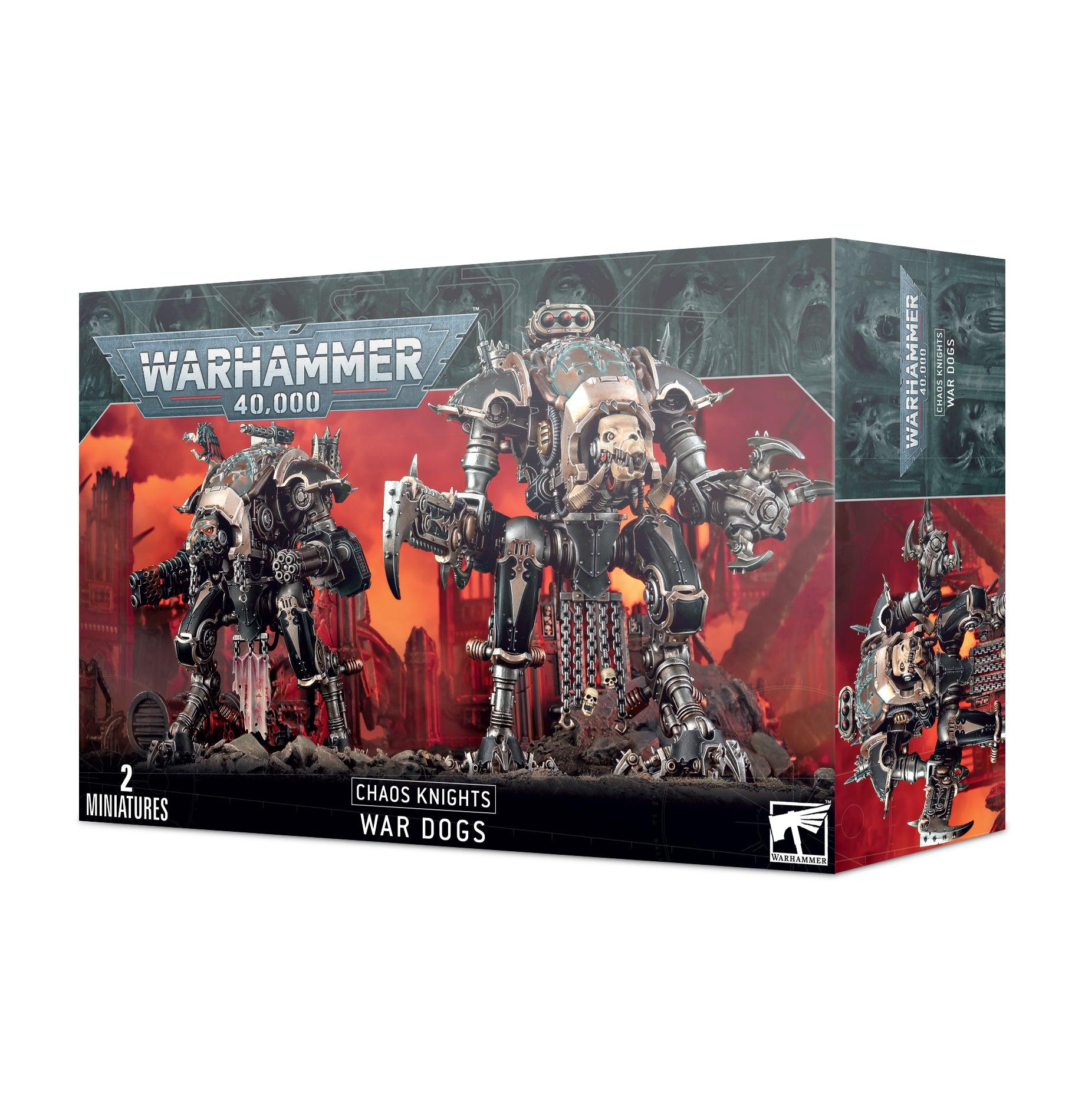 The box art for CHAOS KNIGHTS: WAR DOGS by Games Workshop depicts two War Dog-class Knights with intricate mechanics and weaponry. Set against a fiery, battle-torn landscape, the primarily black and red box displays iconic Warhammer branding and product details.