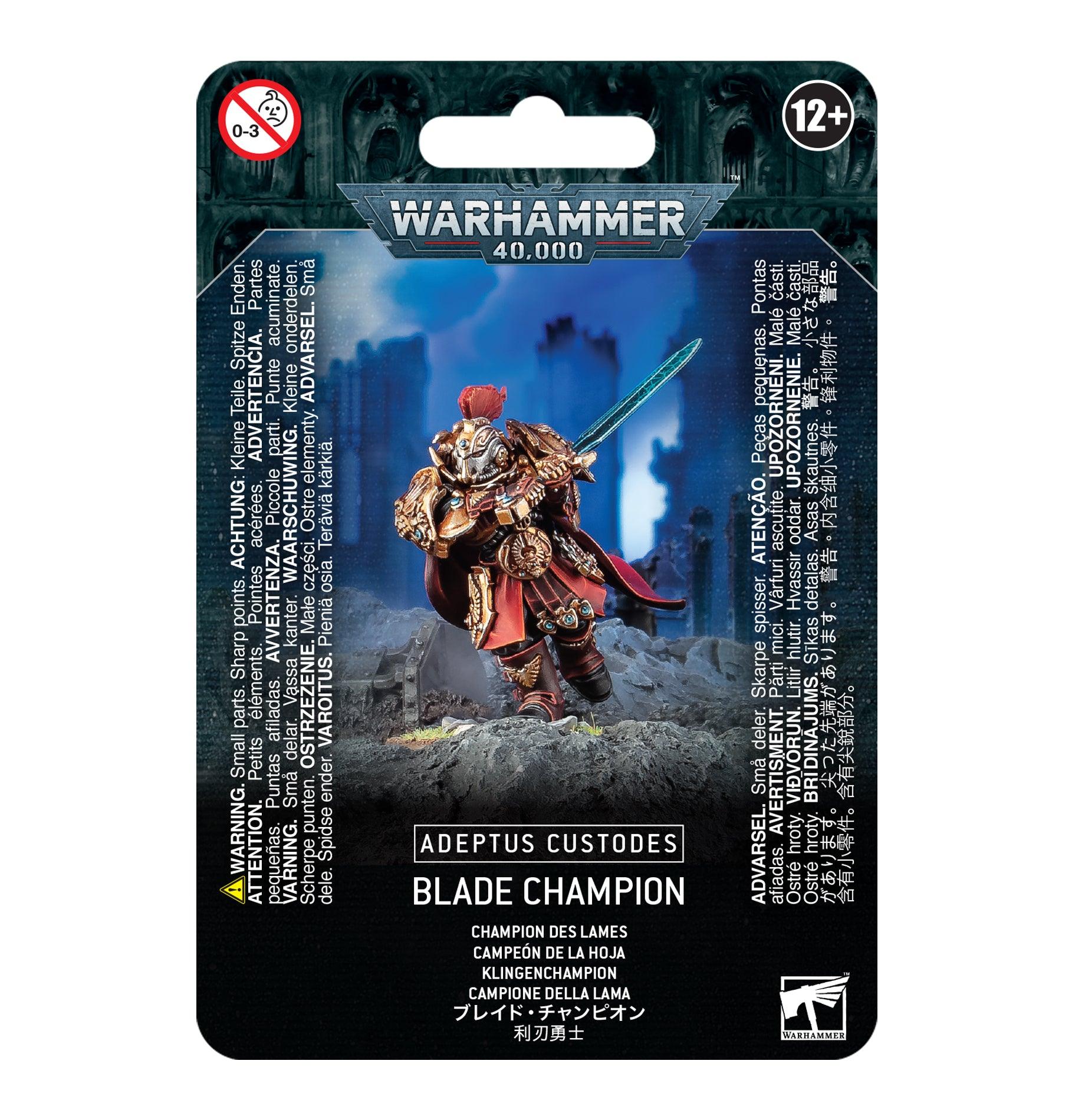 The Games Workshop ADEPTUS CUSTODES: BLADE CHAMPION packaging features a figure with an archeotech blade, clad in golden armor and a red cape, set against a blue-lit ruined cityscape. Includes product details and safety warnings for ages 12+.