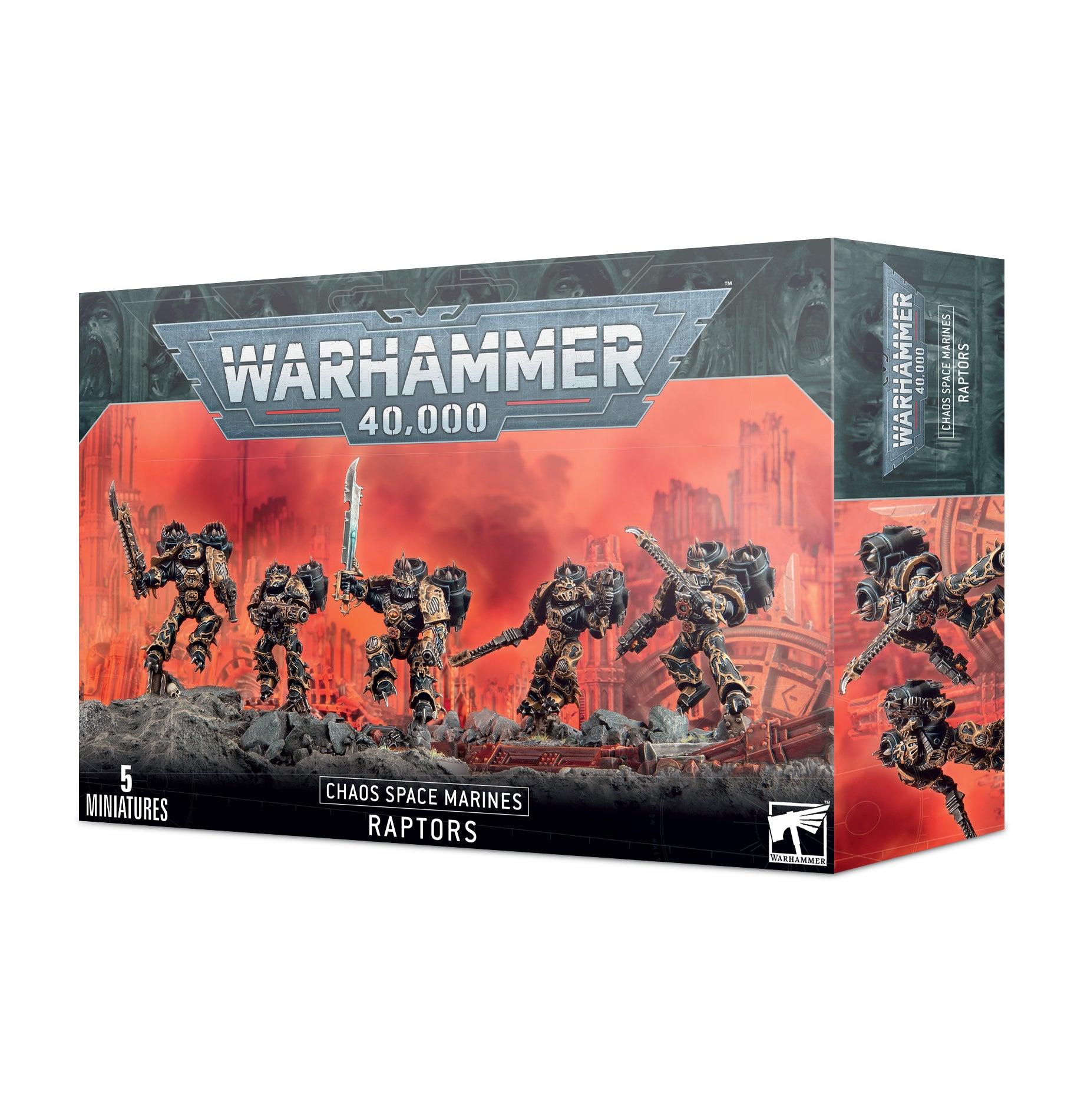 The Games Workshop CHAOS SPACE MARINES: RAPTORS box features five intricately detailed miniatures set against a dramatic orange and red background with industrial structures. The front displays the text 