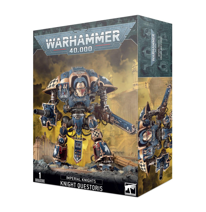 Box of a Warhammer 40,000 miniature, IMPERIAL KNIGHTS: KNIGHT QUESTORIS from Games Workshop. The front features a detailed image of the assembled and painted knight, equipped with a rapid-fire battle cannon and shields, standing against a dramatic, smoky battlefield. The packaging includes the Warhammer 40,000 logo at the top.